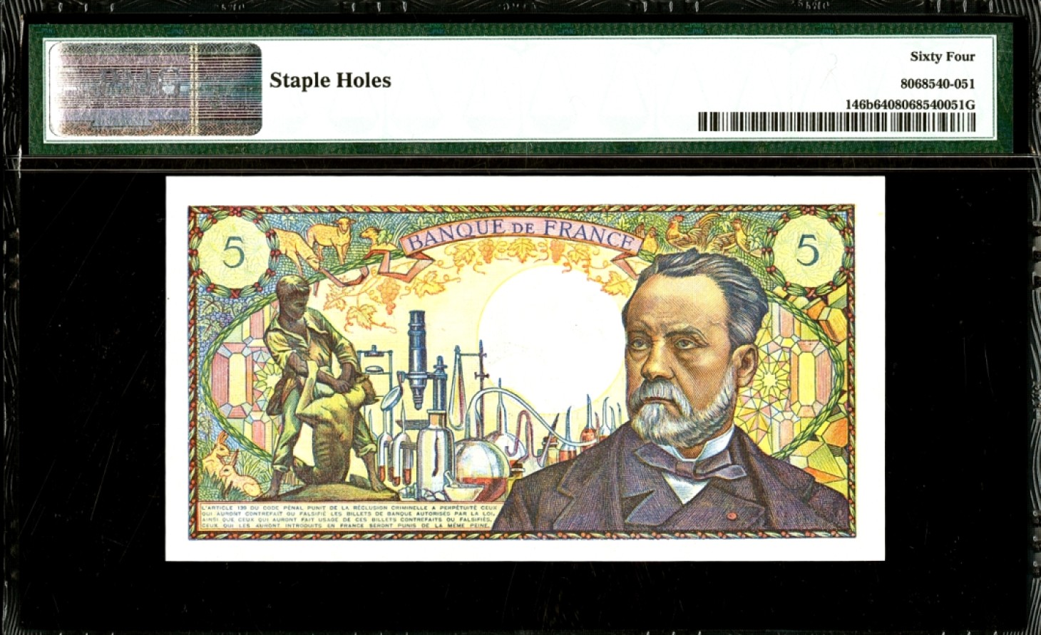 新纪元！【Blue Auction】✨世界纸币精拍第201期【精】   【无47】法国 1967-70年5法郎 PMG64 经典巴斯德 