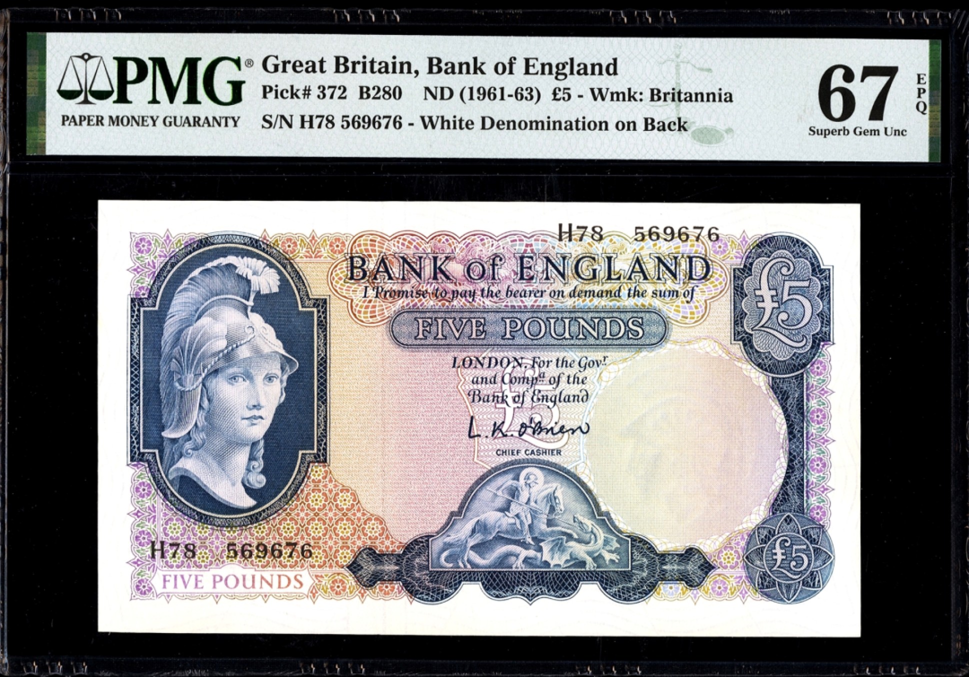 新纪元！【Blue Auction】✨世界纸币精拍第201期【精】   英国 B序列5镑 PMG67EPQ 高分 圣乔治屠龙 大狮子 精美