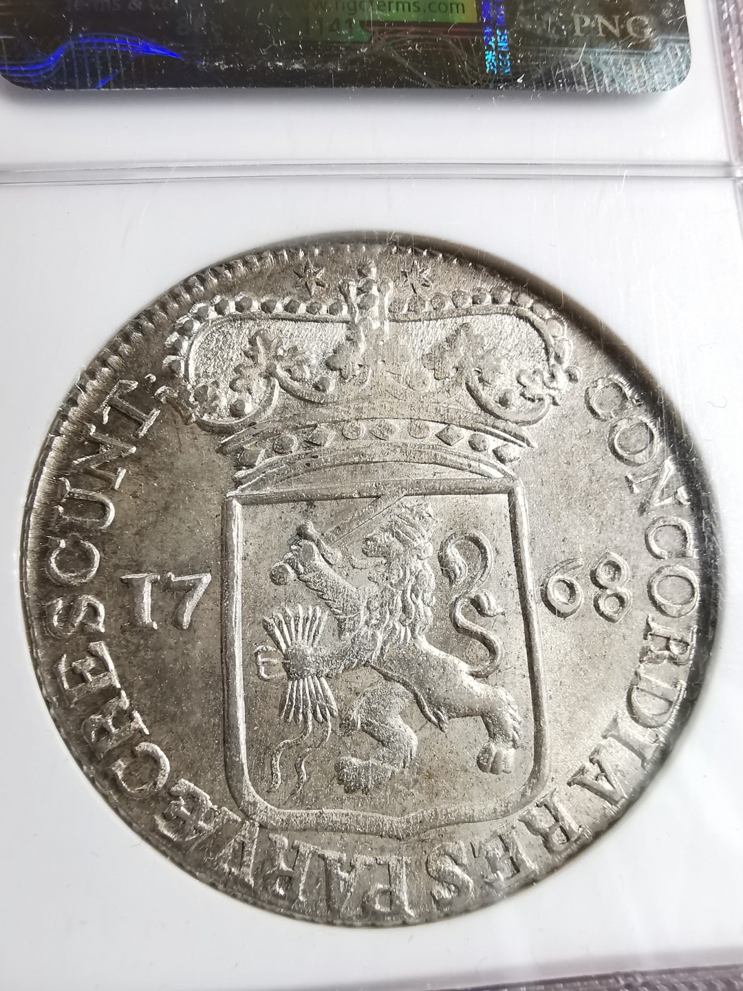 凡希社世界钱币微拍第二百零四期 稀！1768泽兰执剑武士杜卡特大银NGC-MS63黄光顶级品！