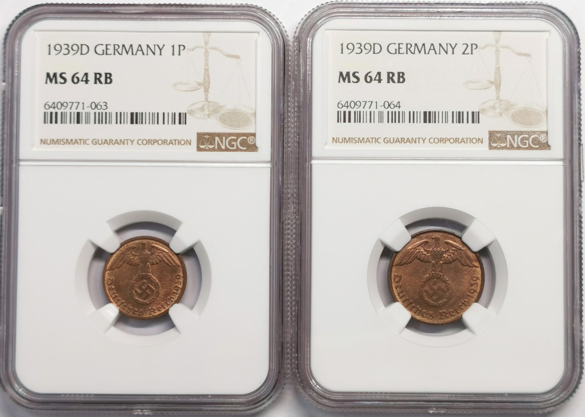 凡希社世界钱币微拍第二百零四期 1939D德国芬尼/2芬尼一对NGC-MS64
