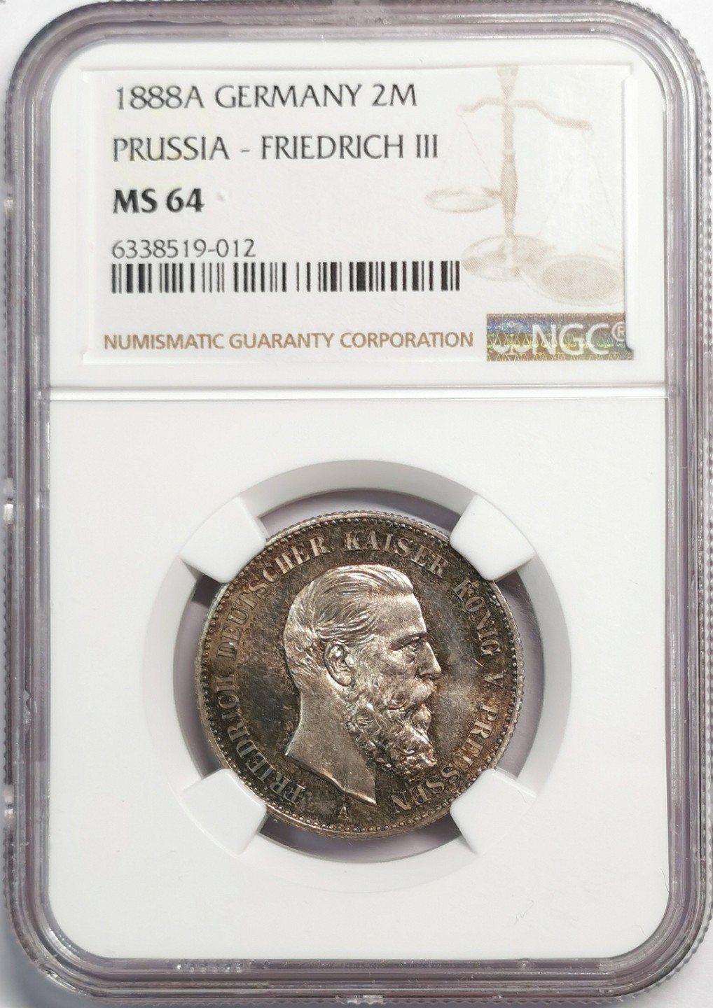 凡希社世界钱币微拍第二百零四期 1888A德国普鲁士短翅2马克NGC-MS64深色包浆！