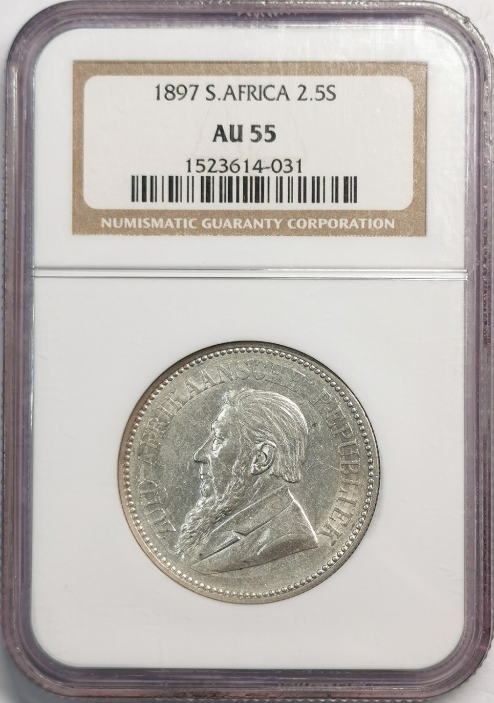 凡希社世界钱币微拍第二百零四期 1897南非克鲁格2.5先令银币NGC-AU55