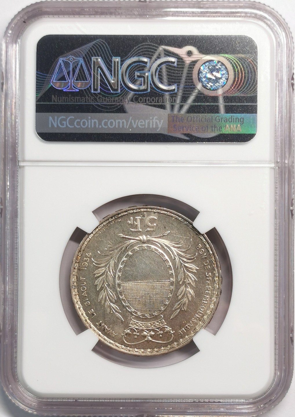 凡希社世界钱币微拍第二百零四期 1934瑞士弗莱堡射击节5法郎银币NGC-MS63
