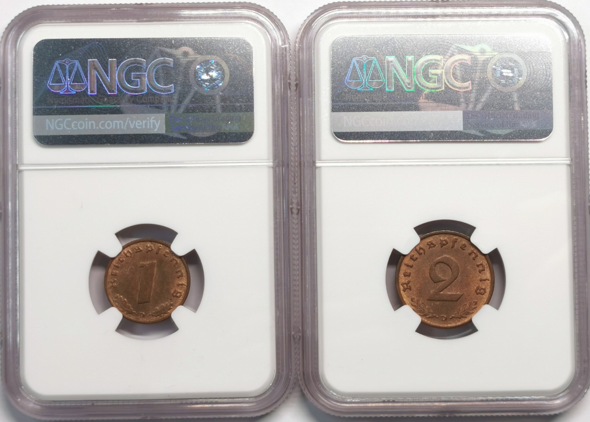 凡希社世界钱币微拍第二百零四期 1939D德国芬尼/2芬尼一对NGC-MS64