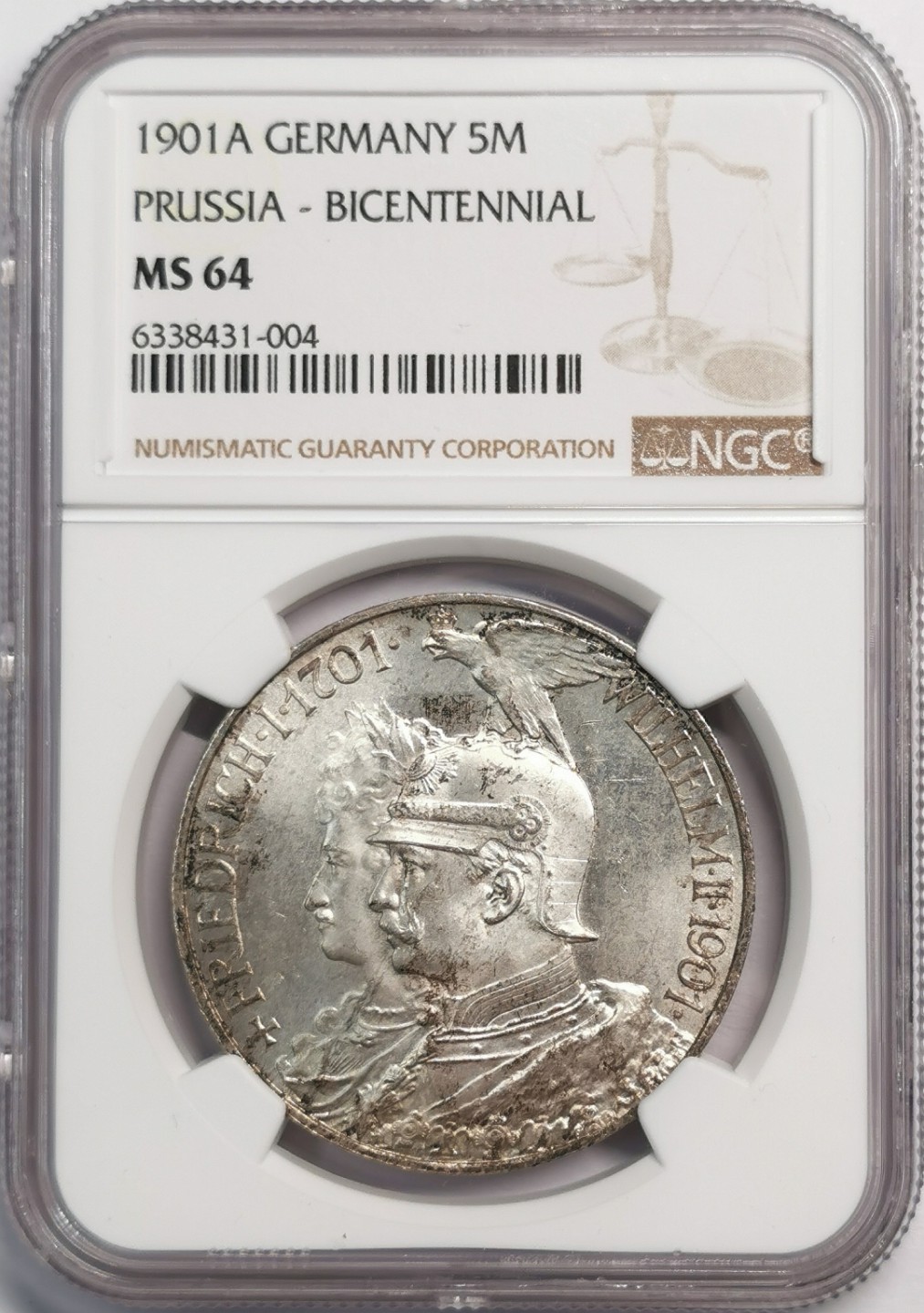凡希社世界钱币微拍第二百零四期 1901德国普鲁士王国200周年5马克大银NGC-MS64