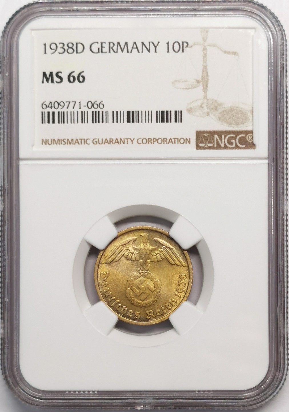 凡希社世界钱币微拍第二百零四期 1938D德国10芬尼黄铜币NGC-MS66高分！