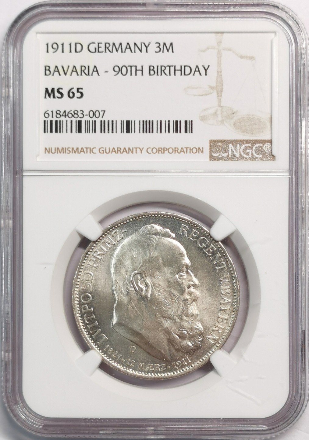 凡希社世界钱币微拍第二百零四期 1911德国巴伐利亚纪念3马克NGC-MS65