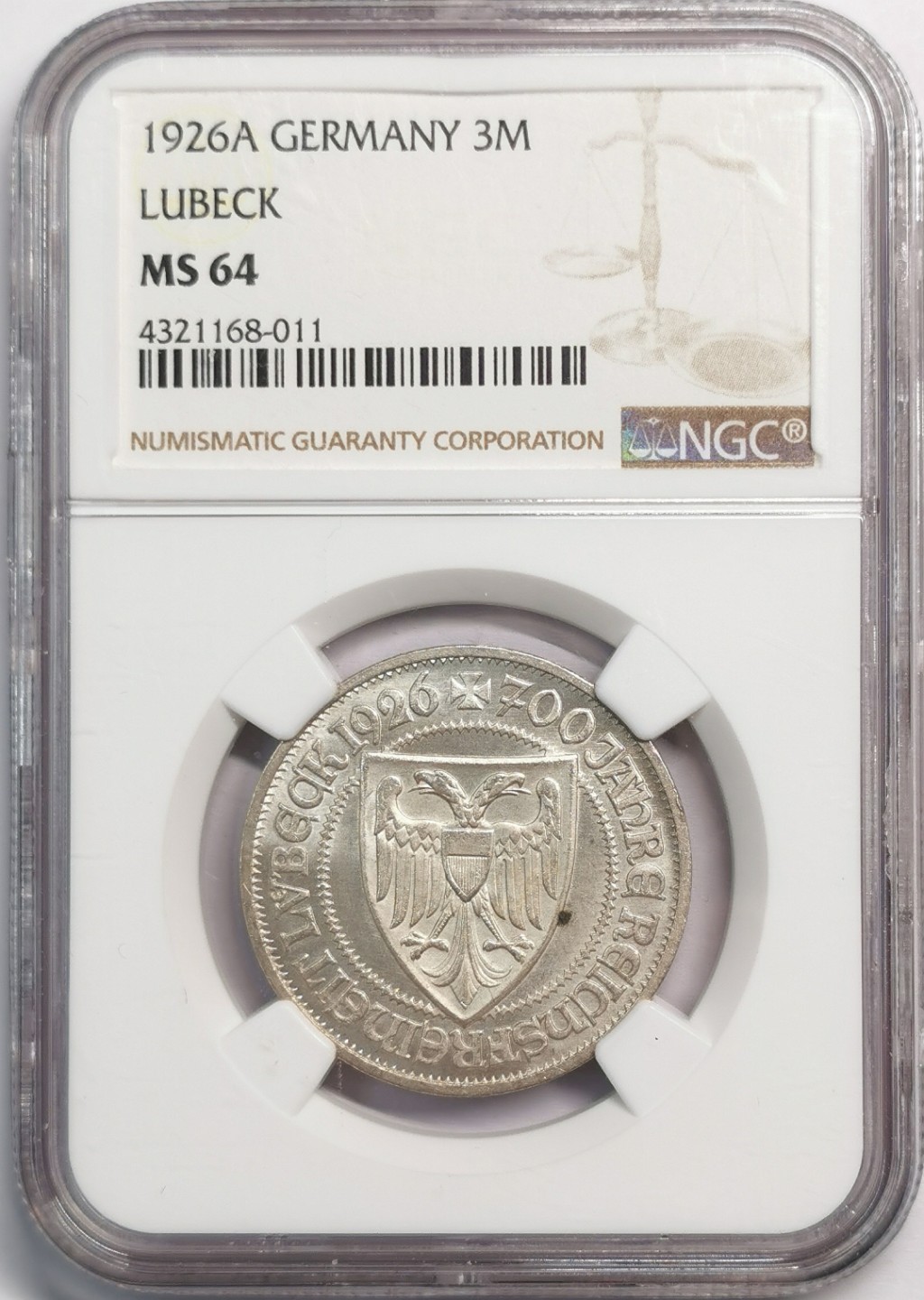 凡希社世界钱币微拍第二百零四期 1926A魏玛吕贝克纪念3马克银币NGC-MS64