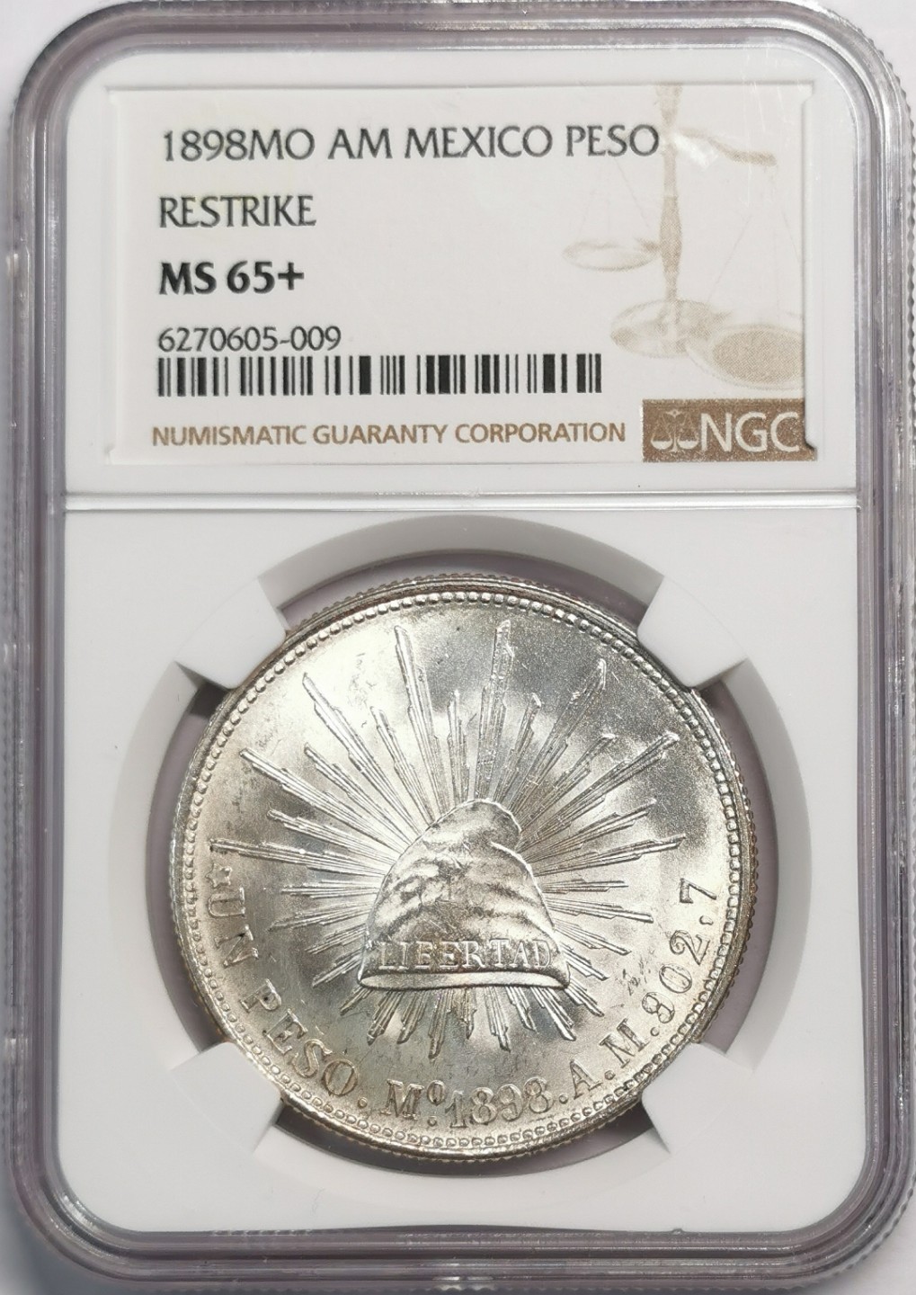 凡希社世界钱币微拍第二百零四期 稀！1898墨西哥直边鹰洋NGC-MS65+顶级品相！