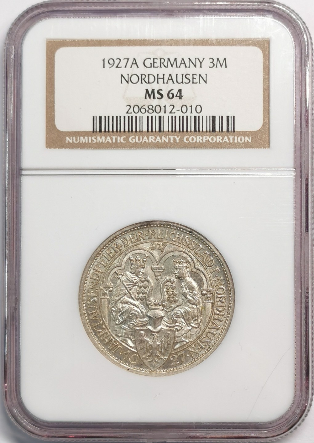 凡希社世界钱币微拍第二百零四期 1927A魏玛诺德豪森纪念3马克银币NGC-MS64