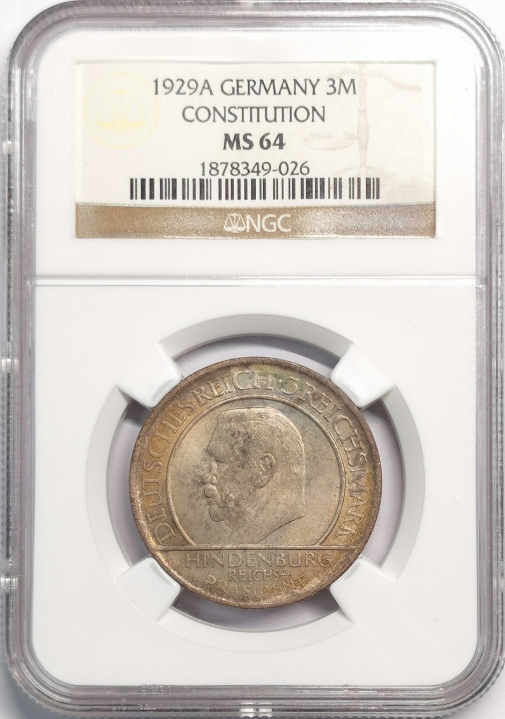 凡希社世界钱币微拍第二百零四期 1929A魏玛宪法3马克纪念银币NGC-MS64