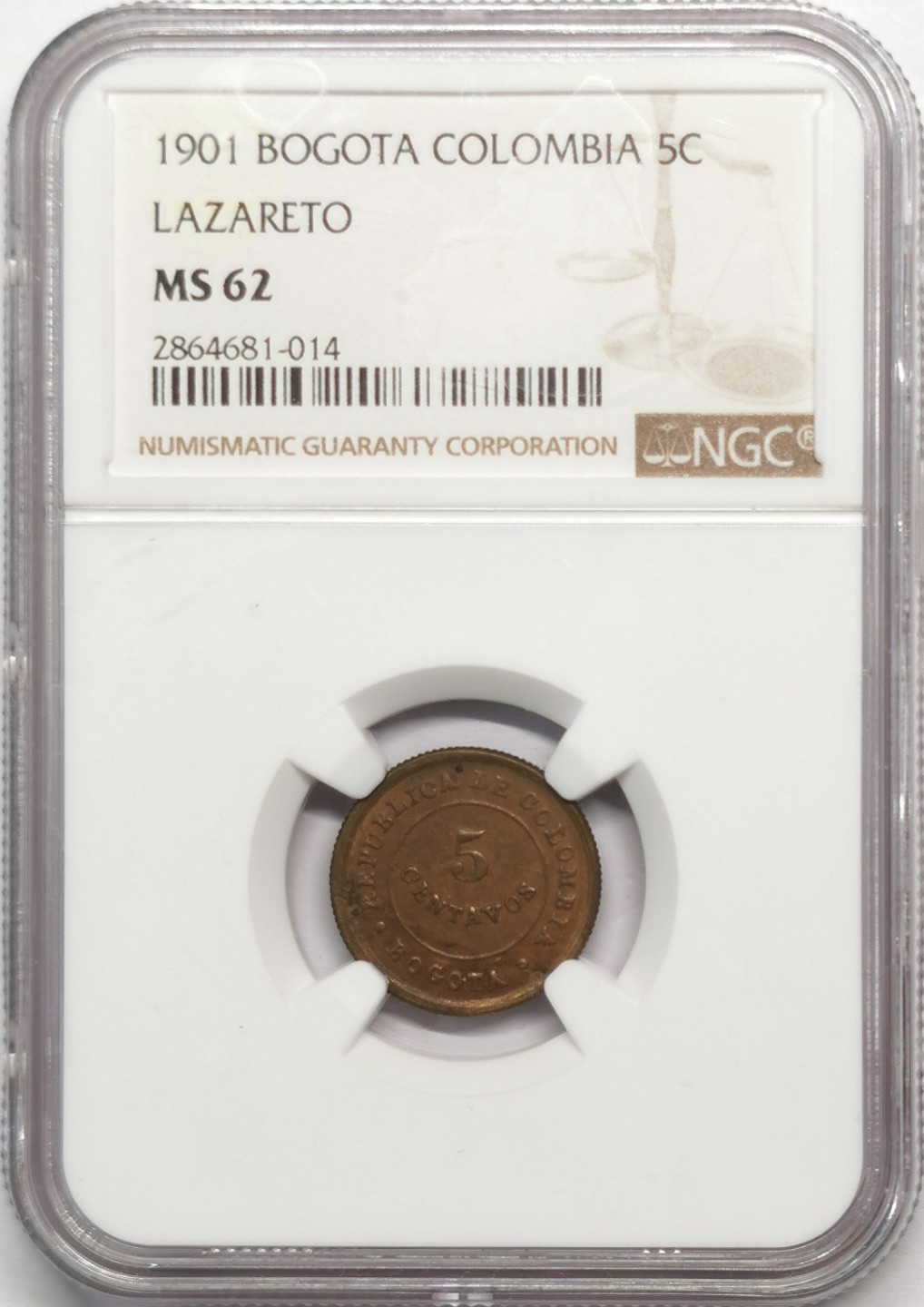 凡希社世界钱币微拍第二百零四期 1901哥伦比亚5分铜币NGC-MS62