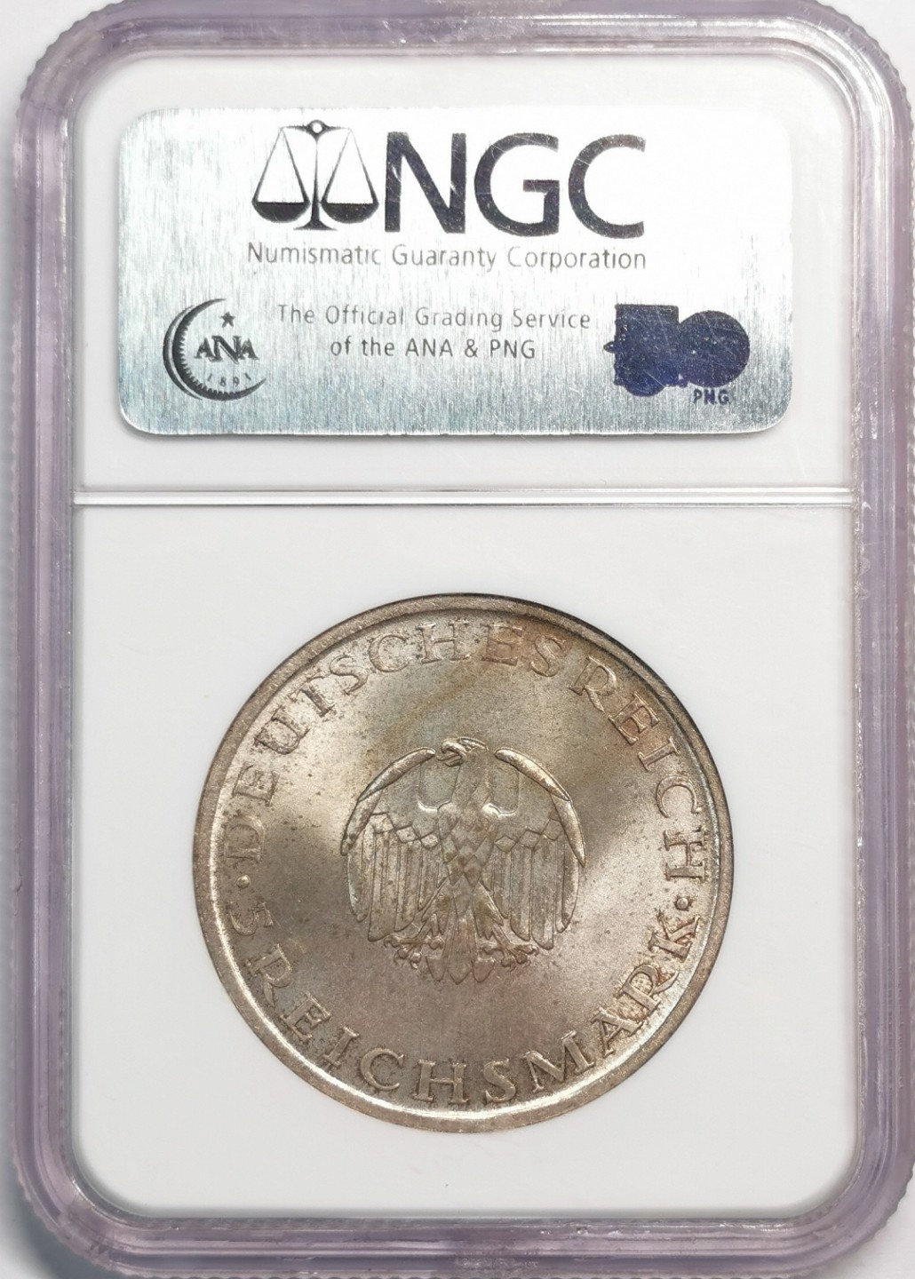 凡希社世界钱币微拍第二百零四期 1929A魏玛莱辛5马克纪念大银NGC-MS64淡金彩收藏级！