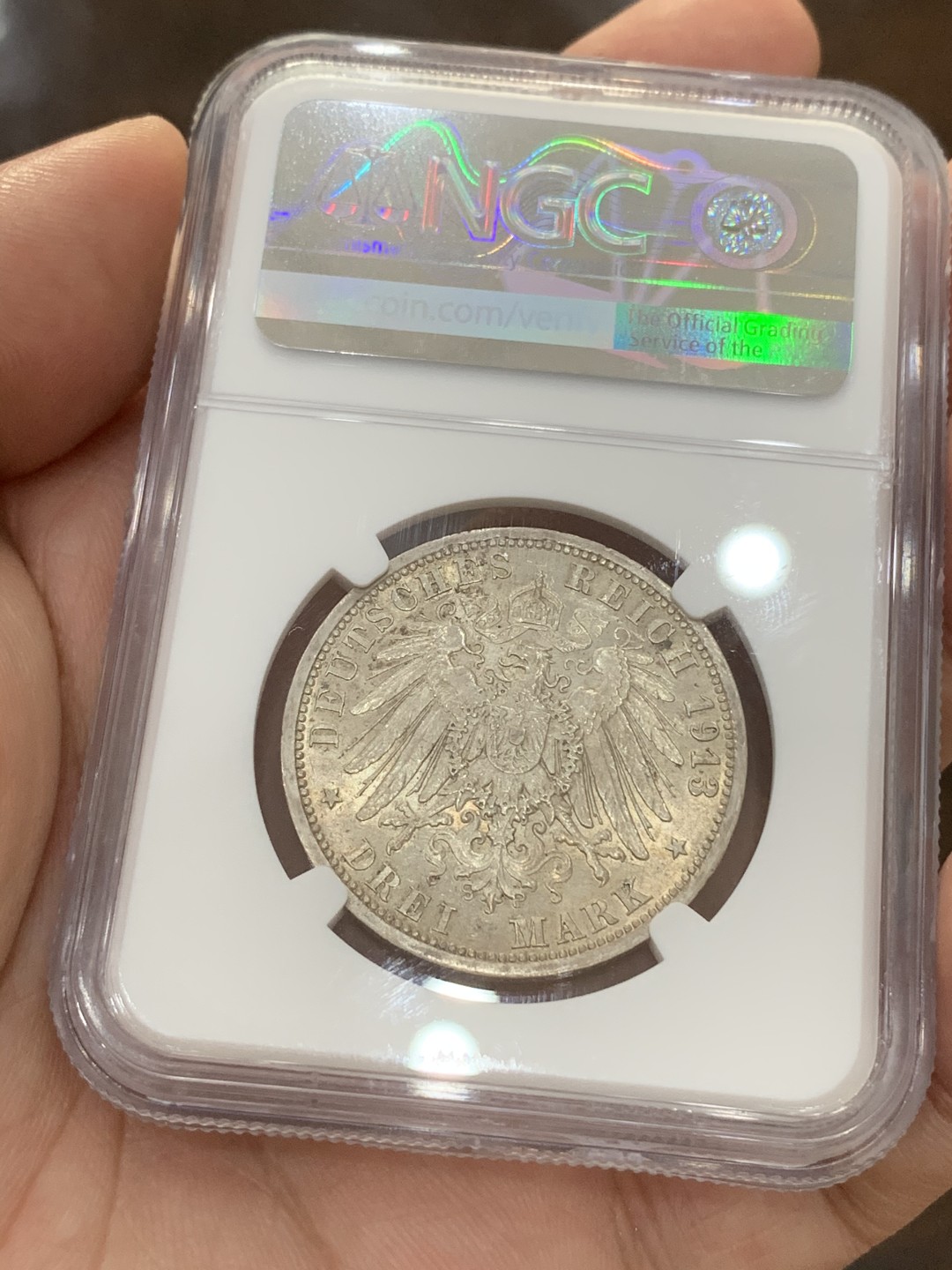 《竞宝斋》第73场-本周日，周一2场连拍（全场不限金额包邮） NGC Ms64 德国 1913年 吕贝克3马克 银币状态好 细节佳