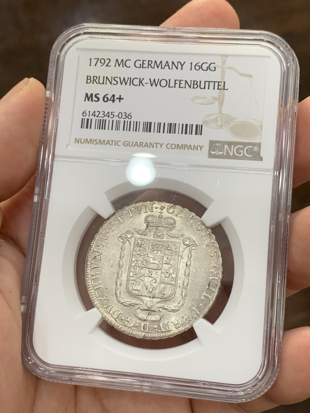 《竞宝斋》第73场-本周日，周一2场连拍（全场不限金额包邮） NGC-MS64+ 德国不伦瑞克 1792年 16格罗申银币 唯一冠军分 顶级收藏品