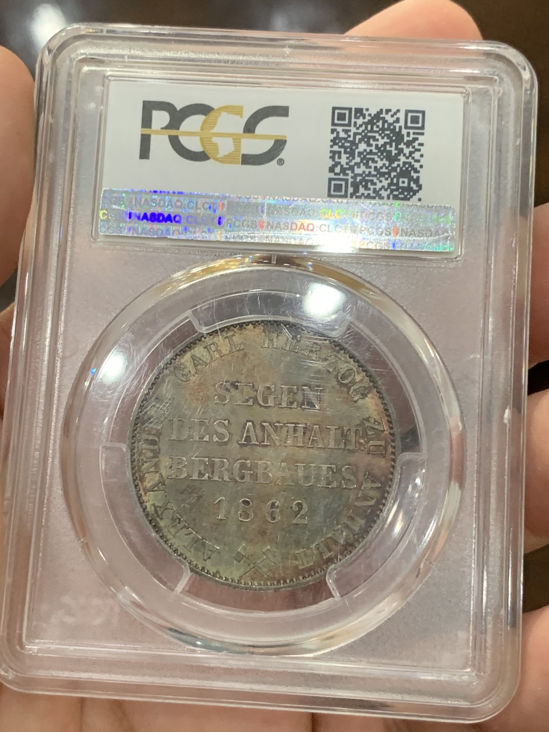 《竞宝斋》第73场-本周日，周一2场连拍（全场不限金额包邮） PCGS-MS63 德国 1862年 安哈特小熊爬墙泰勒 经典设计 超级五彩