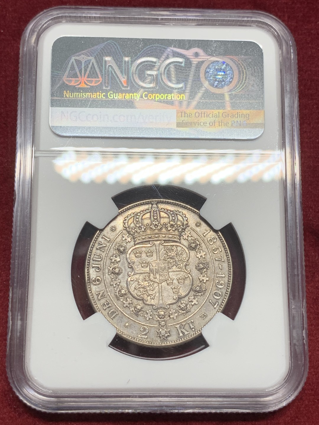 《竞宝斋》第73场-本周日，周一2场连拍（全场不限金额包邮） NGC AU细节评级 1907年瑞典国王奥斯卡二世结婚纪念日2克朗银币