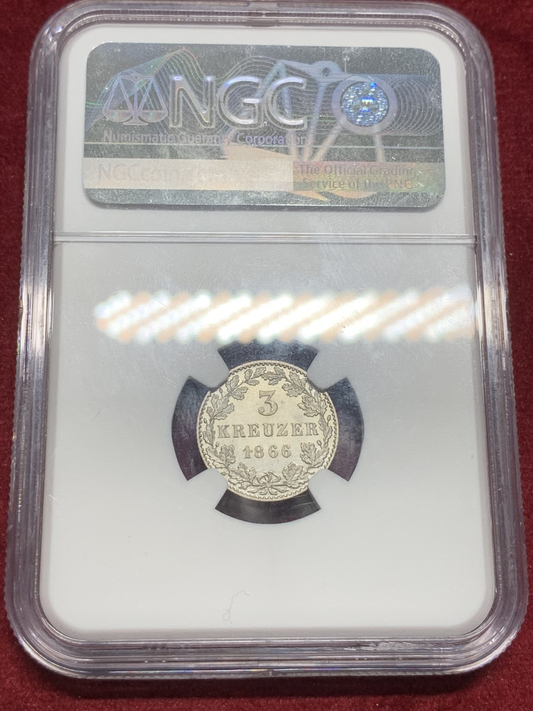 《竞宝斋》第73场-本周日，周一2场连拍（全场不限金额包邮） NGC-MS67 德国 法兰克福 1866年 3克鲁泽 银币 完美状态 亚军分