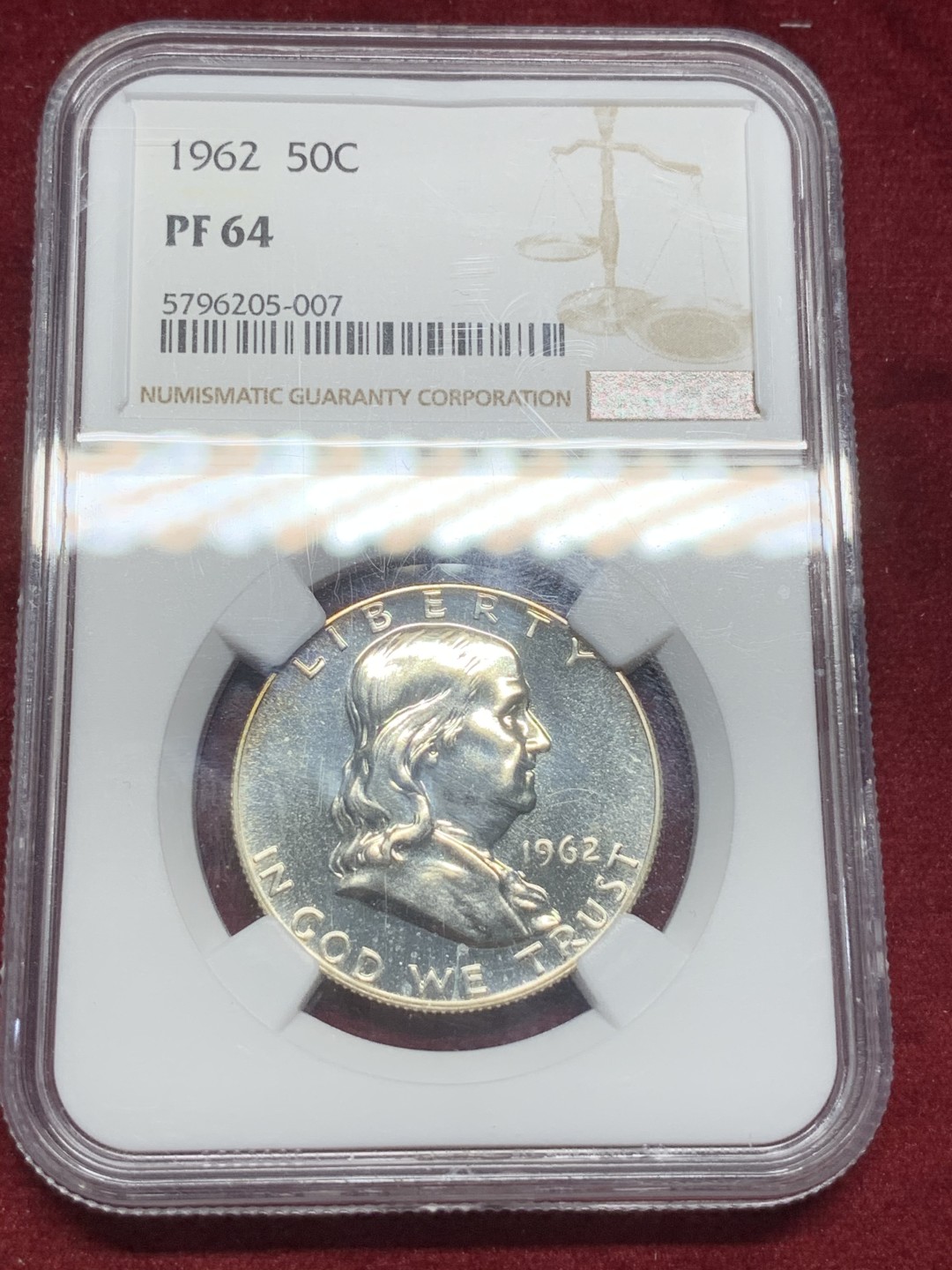 《竞宝斋》第73场-本周日，周一2场连拍（全场不限金额包邮） NGC-PF64 美国 1962年 富兰克林精制半美元 银币 50分 精制比普版少见