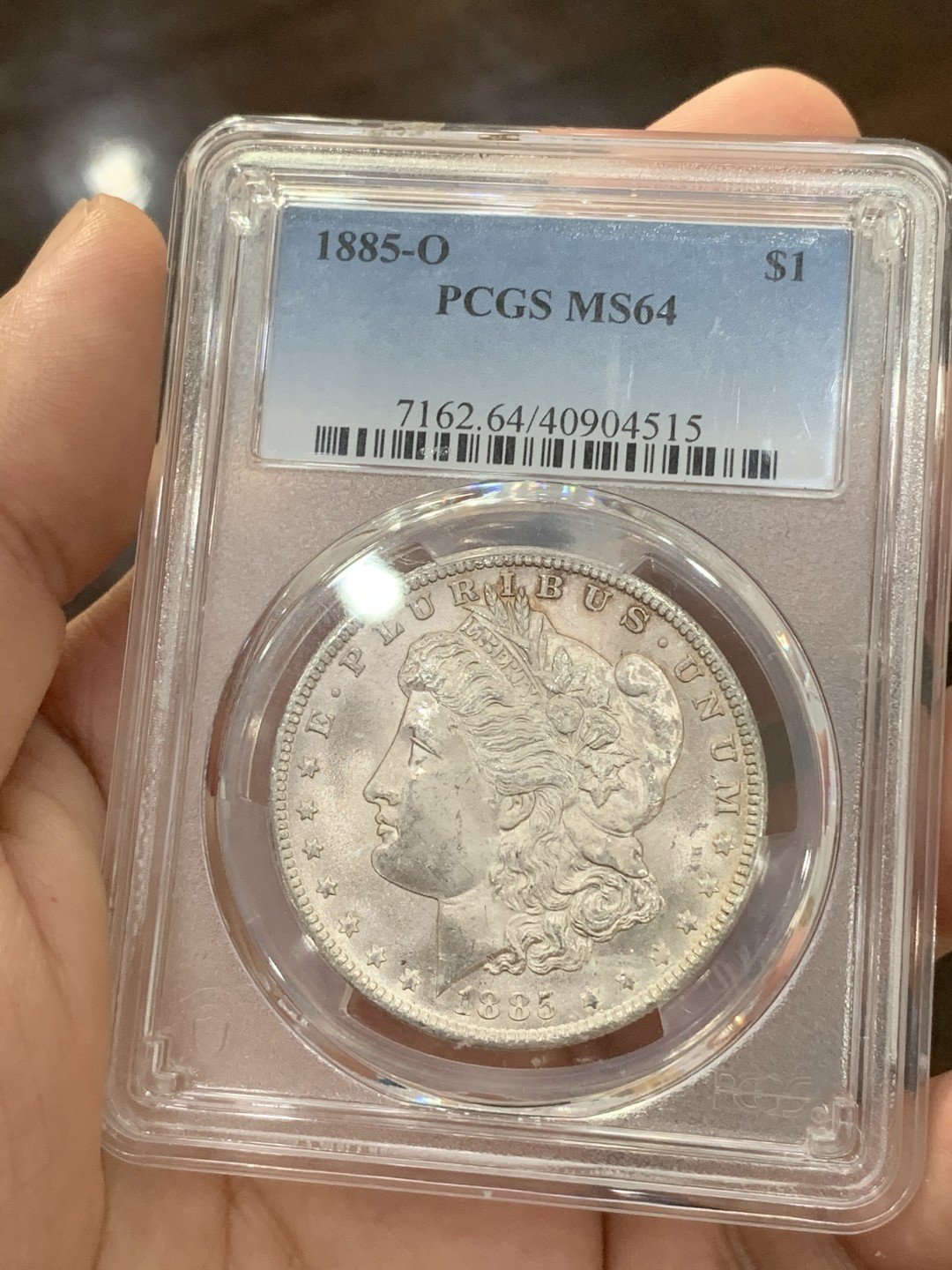 《竞宝斋》第73场-本周日，周一2场连拍（全场不限金额包邮） PCGS-MS64 美国1885年摩根银币 非白板币 车轮转光 难得通体粉色包浆