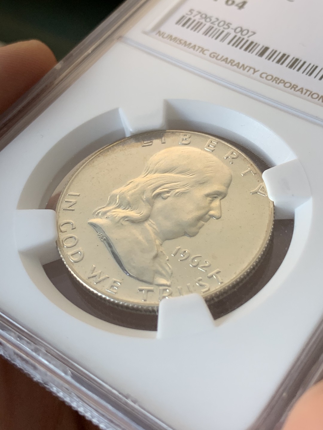 《竞宝斋》第73场-本周日，周一2场连拍（全场不限金额包邮） NGC-PF64 美国 1962年 富兰克林精制半美元 银币 50分 精制比普版少见