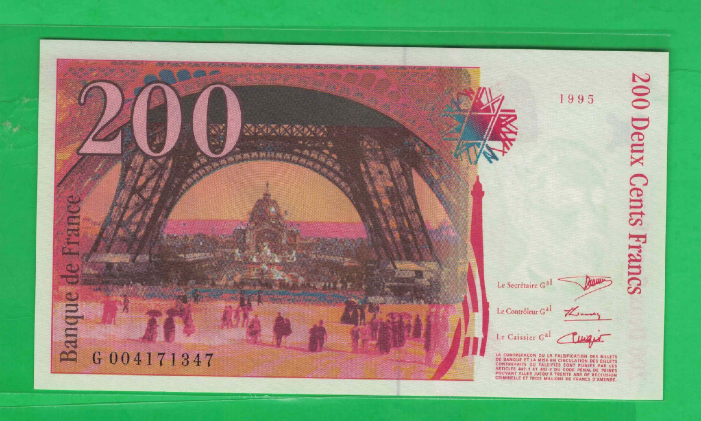 法国1995年200法郎 实物图 UNC  
