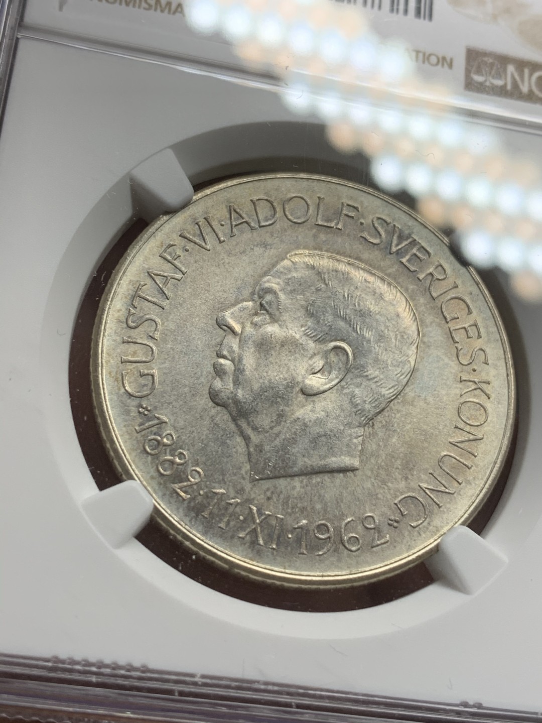 《竞宝斋》第73场-本周日，周一2场连拍（全场不限金额包邮） NGC MS63 1962年瑞典国王古斯塔夫六世80岁生日5克朗银币