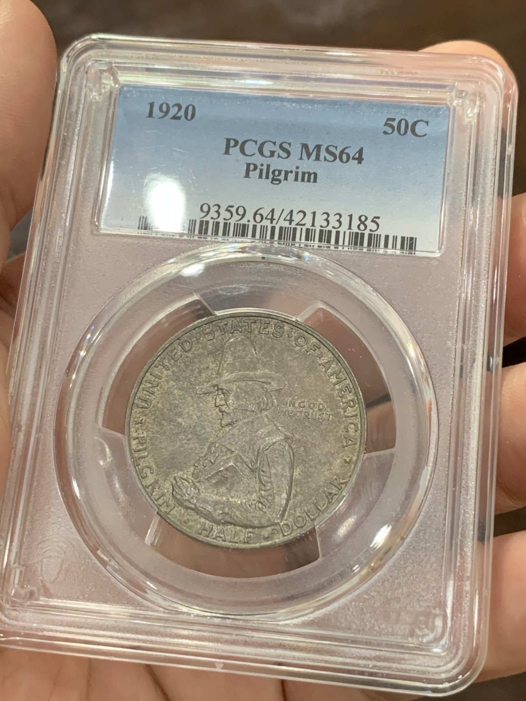 《竞宝斋》第73场-本周日，周一2场连拍（全场不限金额包邮） PCGS-MS64 美国 1920年 半美元 纪念银币 双面灰黑色包浆 味道很好