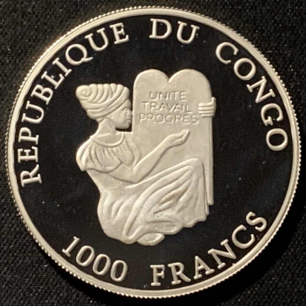 紫瑗钱币——第207期拍卖 刚果共和国 2001年 墨西哥世界杯 抢断 1000法郎 20克 0.999银 精制