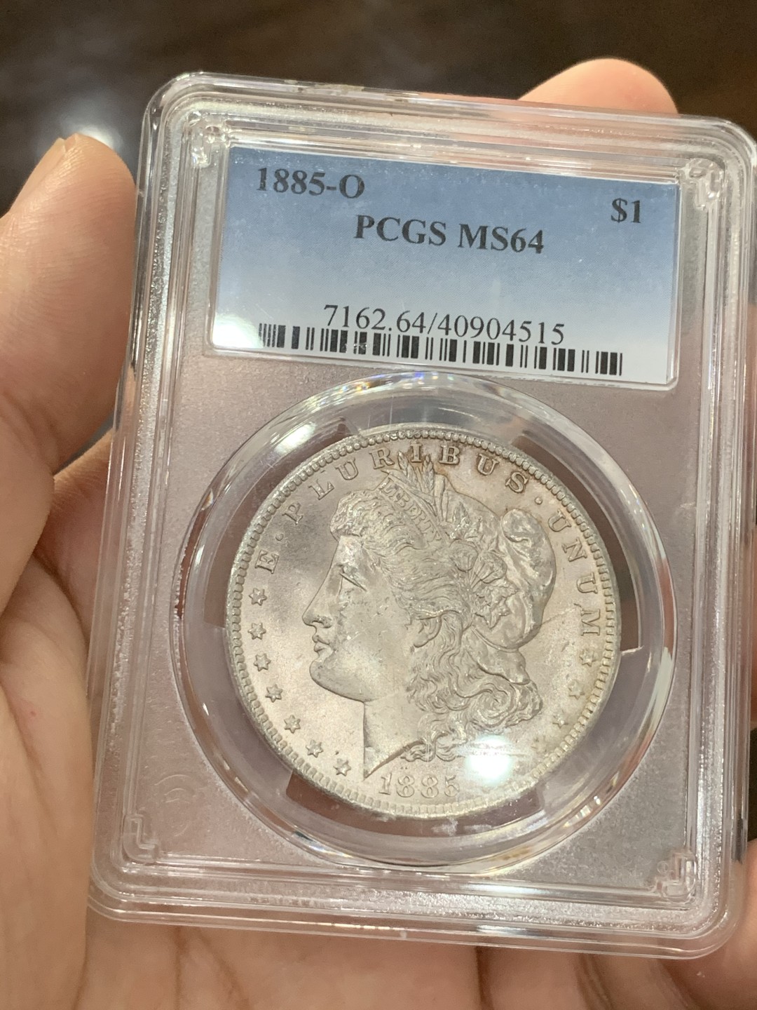 《竞宝斋》第73场-本周日，周一2场连拍（全场不限金额包邮） PCGS-MS64 美国1885年摩根银币 非白板币 车轮转光 难得通体粉色包浆