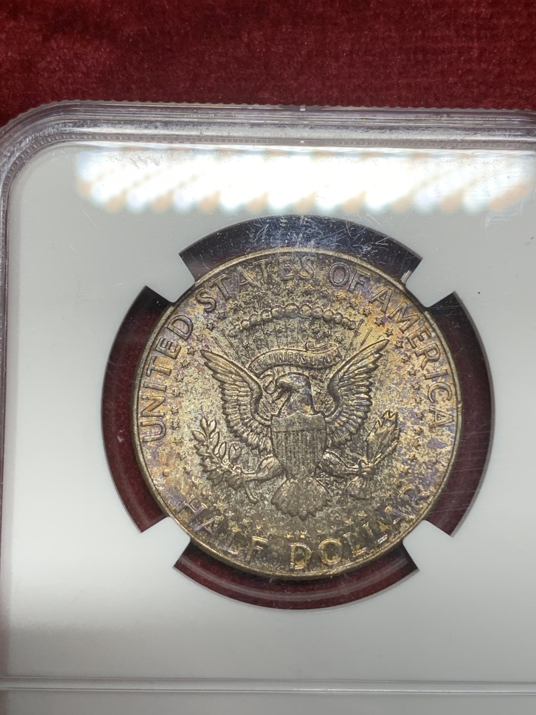 《竞宝斋》第73场-本周日，周一2场连拍（全场不限金额包邮） NGC MS62 美国 1964年 肯尼迪 半美元 50美分银币 原卷出品 阴阳面五彩 难得状态