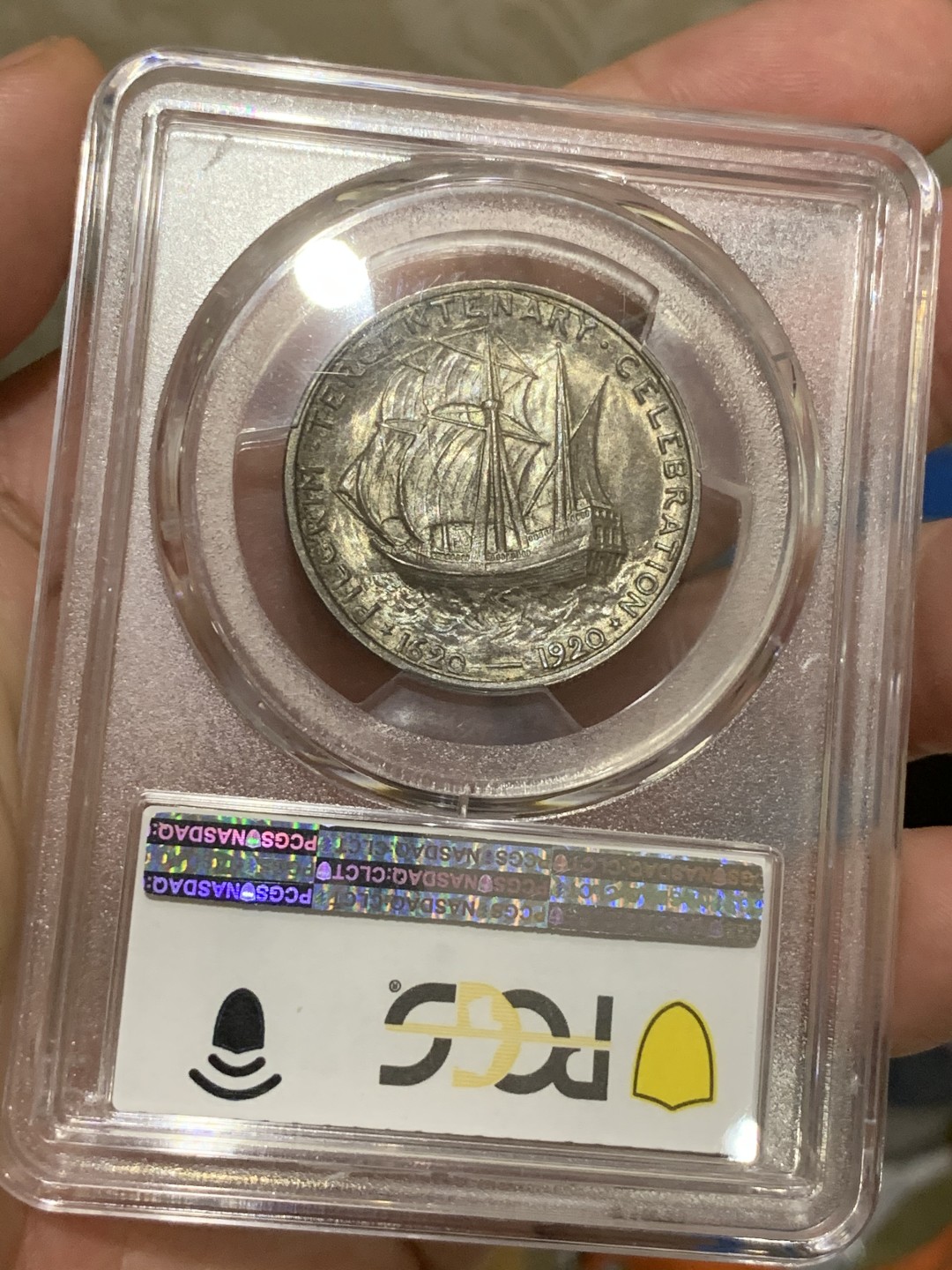 《竞宝斋》第73场-本周日，周一2场连拍（全场不限金额包邮） PCGS-MS64 美国 1920年 半美元 纪念银币 双面灰黑色包浆 味道很好