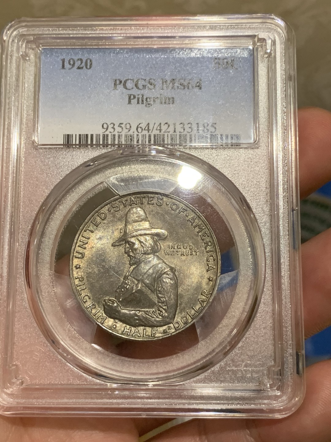 《竞宝斋》第73场-本周日，周一2场连拍（全场不限金额包邮） PCGS-MS64 美国 1920年 半美元 纪念银币 双面灰黑色包浆 味道很好