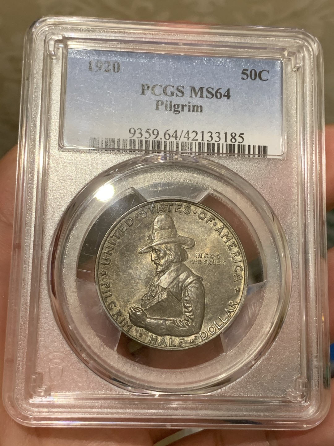 《竞宝斋》第73场-本周日，周一2场连拍（全场不限金额包邮） PCGS-MS64 美国 1920年 半美元 纪念银币 双面灰黑色包浆 味道很好