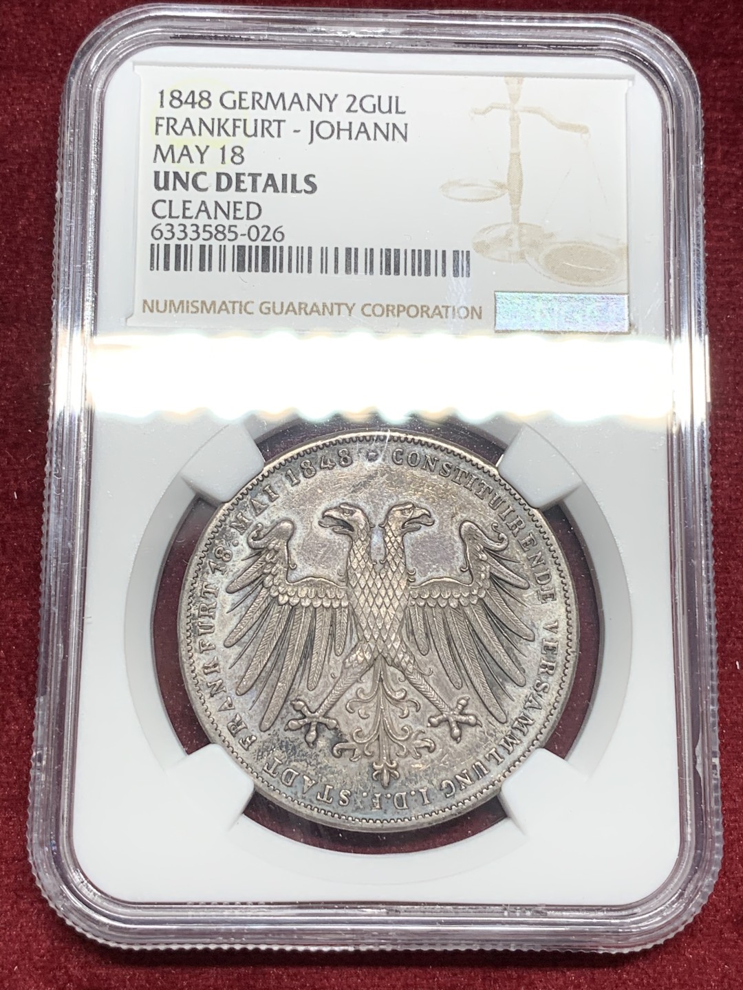 《竞宝斋》第73场-本周日，周一2场连拍（全场不限金额包邮） NGC-UNC,法兰克福约翰大公2盾银币，黑包浆，可惜给了个Cleaned，1848年。