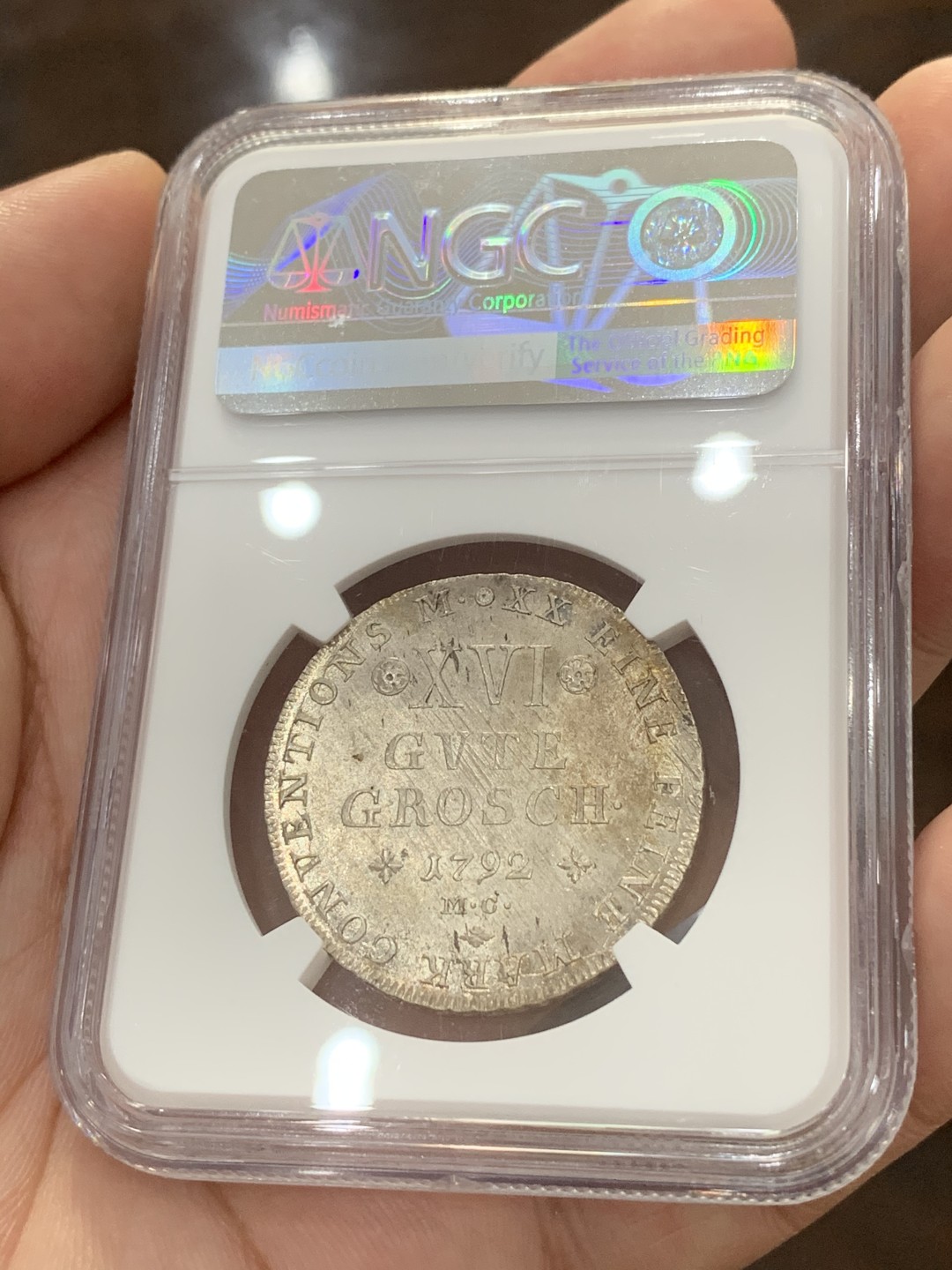 《竞宝斋》第73场-本周日，周一2场连拍（全场不限金额包邮） NGC-MS64+ 德国不伦瑞克 1792年 16格罗申银币 唯一冠军分 顶级收藏品