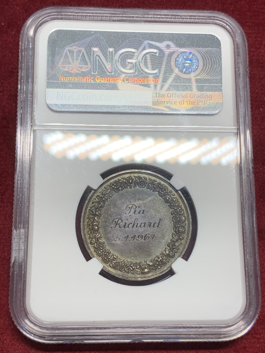 《竞宝斋》第73场-本周日，周一2场连拍（全场不限金额包邮） NGC MS61 法国19世纪结婚纪念银章 五彩包浆 低评好品好状态