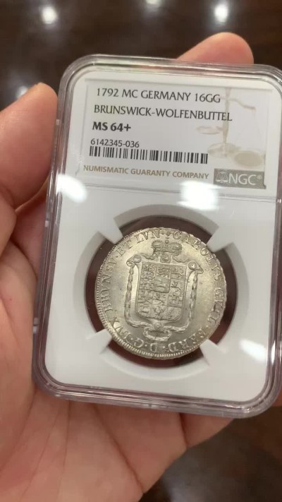 《竞宝斋》第73场-本周日，周一2场连拍（全场不限金额包邮） NGC-MS64+ 德国不伦瑞克 1792年 16格罗申银币 唯一冠军分 顶级收藏品