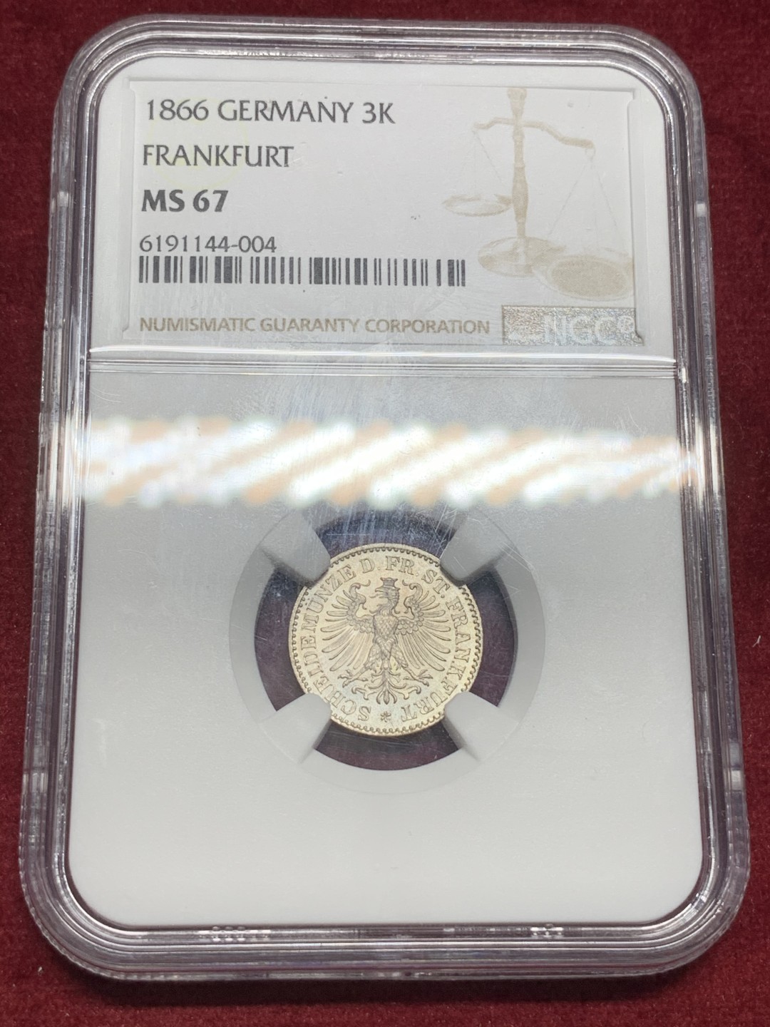 《竞宝斋》第73场-本周日，周一2场连拍（全场不限金额包邮） NGC-MS67 德国 法兰克福 1866年 3克鲁泽 银币 完美状态 亚军分