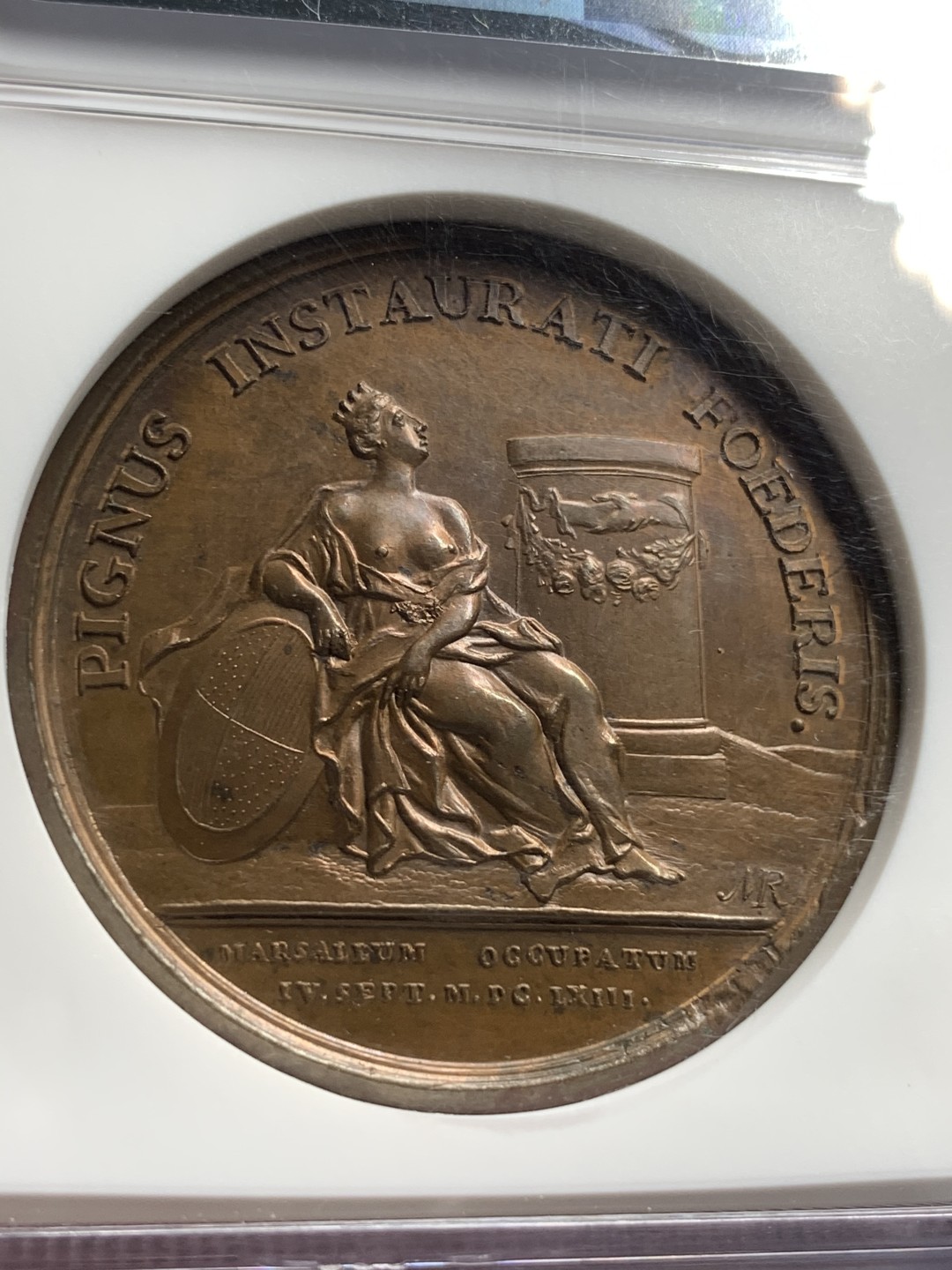 《竞宝斋》第73场-本周日，周一2场连拍（全场不限金额包邮） NGC MS62 法国1663年路易十四占领马歇尔纪念高浮雕精美铜章 难得ms好品