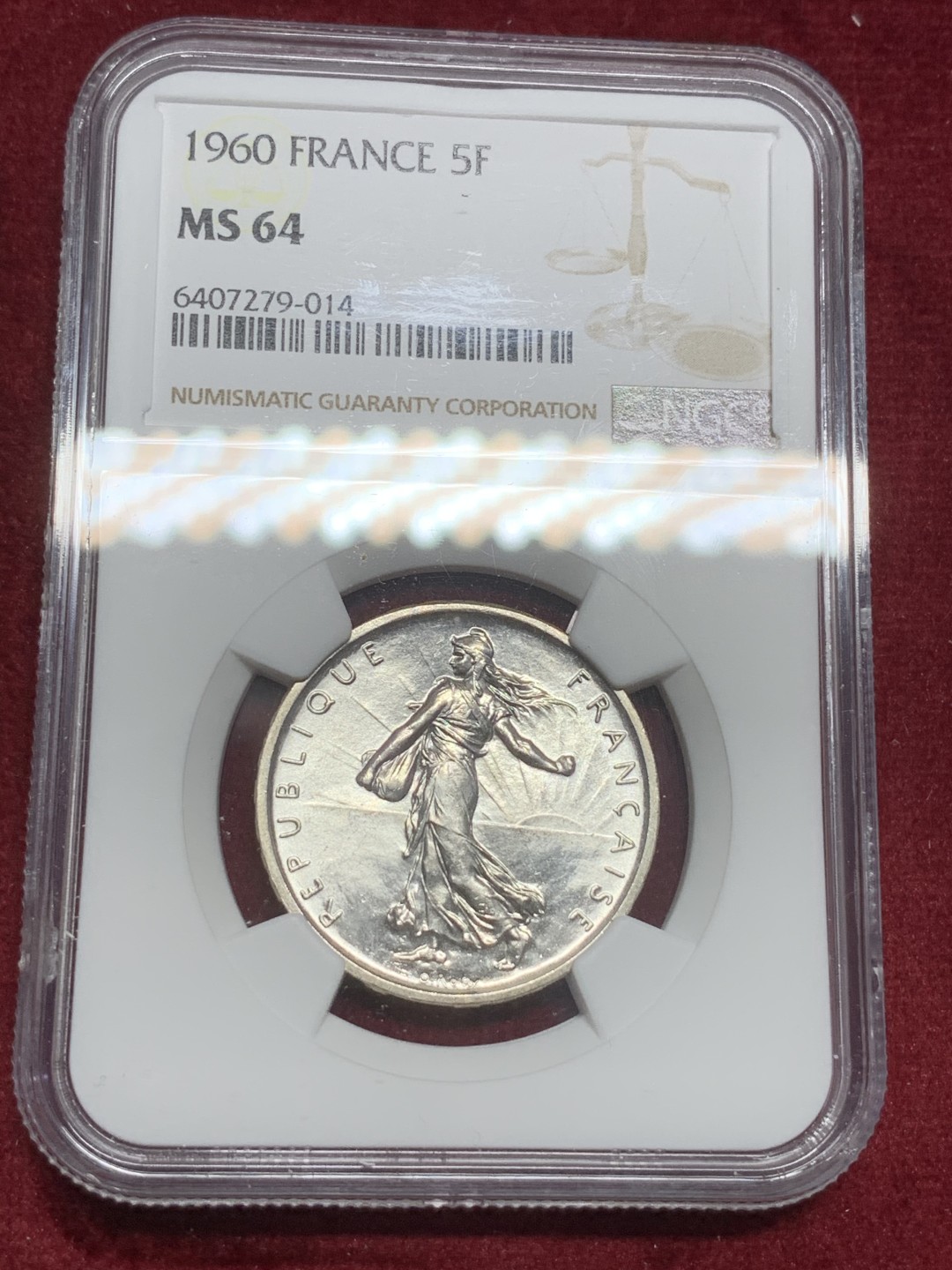 《竞宝斋》第73场-本周日，周一2场连拍（全场不限金额包邮） NGC MS64 1960年法国播种5法郎银币