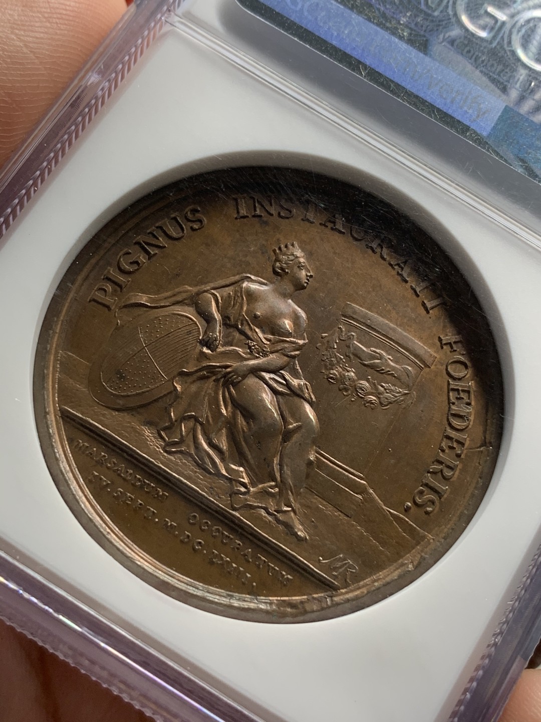 《竞宝斋》第73场-本周日，周一2场连拍（全场不限金额包邮） NGC MS62 法国1663年路易十四占领马歇尔纪念高浮雕精美铜章 难得ms好品