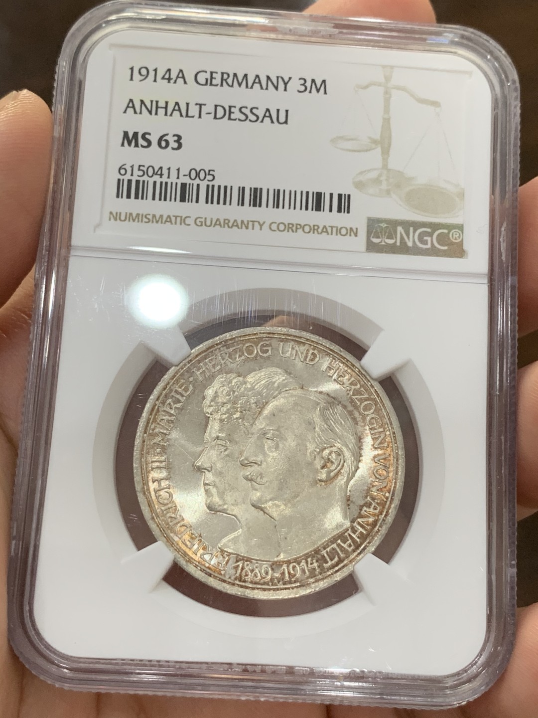 《竞宝斋》第73场-本周日，周一2场连拍（全场不限金额包邮） NGC MS63 德国1914年安哈特-德绍大公结婚3马克银币