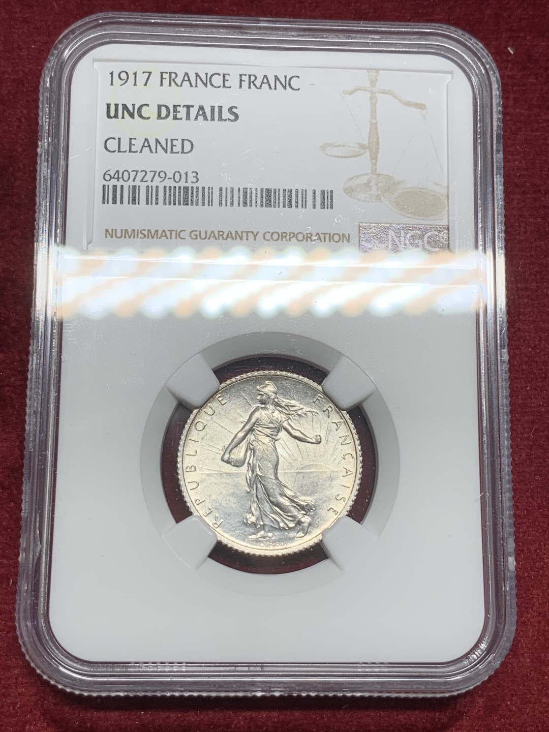 《竞宝斋》第73场-本周日，周一2场连拍（全场不限金额包邮） NGC UNC 1917年法国播种1法郎银币转光