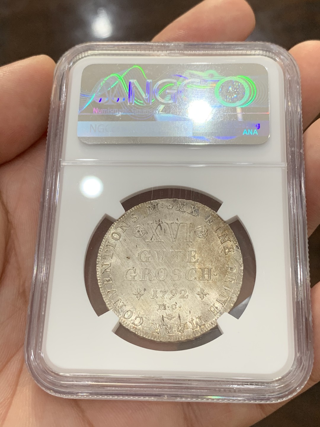 《竞宝斋》第73场-本周日，周一2场连拍（全场不限金额包邮） NGC-MS64+ 德国不伦瑞克 1792年 16格罗申银币 唯一冠军分 顶级收藏品