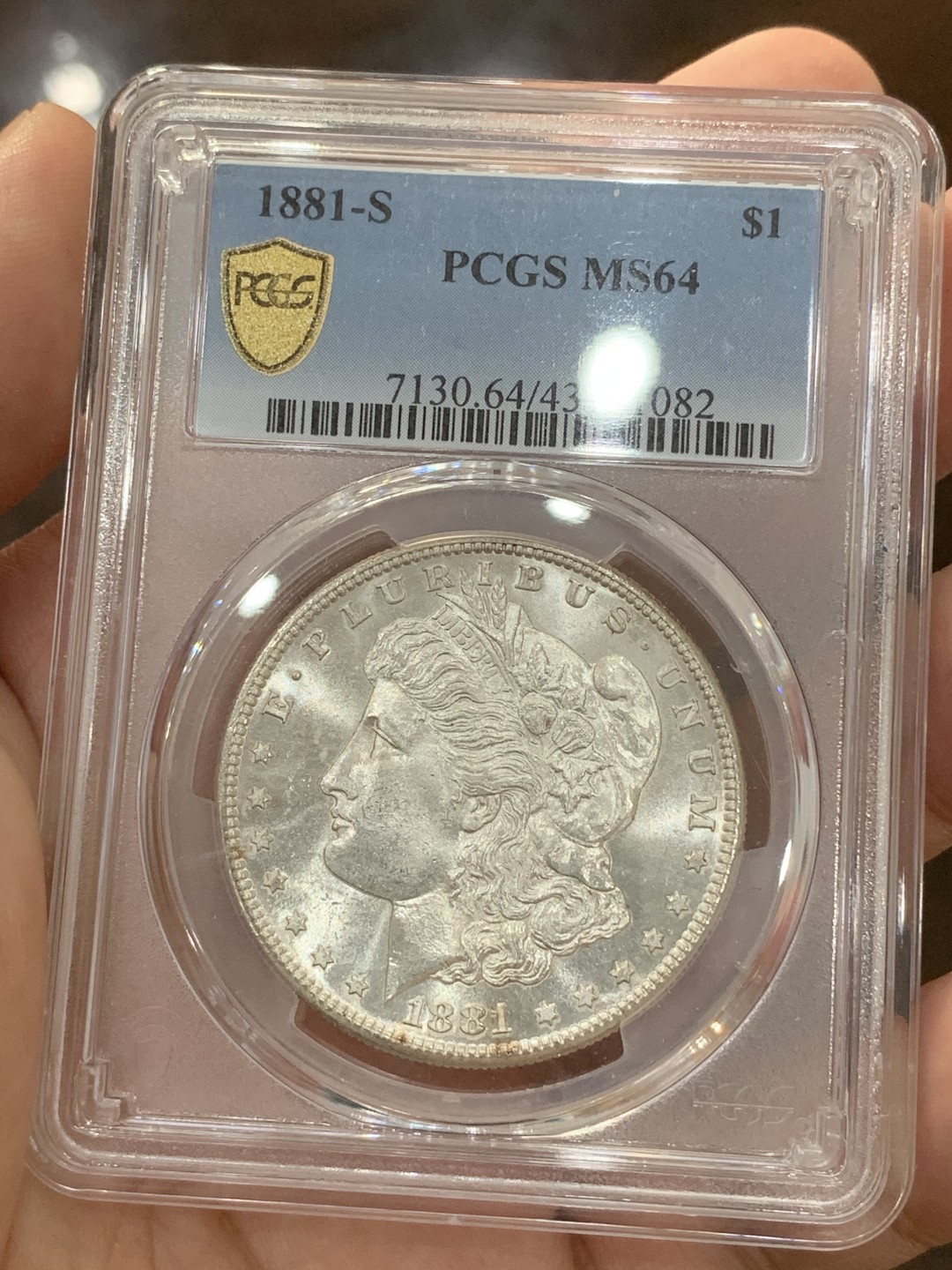 《竞宝斋》第73场-本周日，周一2场连拍（全场不限金额包邮） PCGS MS64 1881年 美国摩根一美元银币 旧金山s厂 原卷出品 美国评级 BU转光