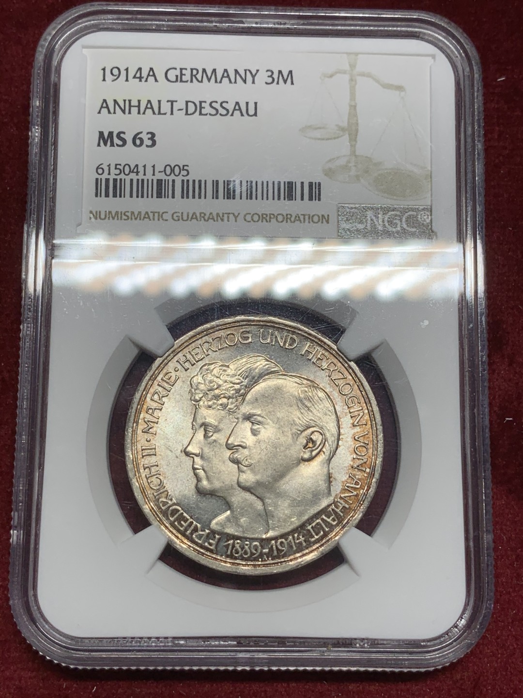 《竞宝斋》第73场-本周日，周一2场连拍（全场不限金额包邮） NGC MS63 德国1914年安哈特-德绍大公结婚3马克银币