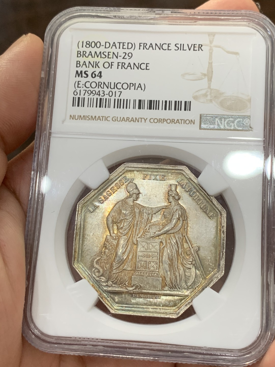 《竞宝斋》第73场-本周日，周一2场连拍（全场不限金额包邮） NGC MS64 法国1800年法兰西银行百年纪念八角银章代用币 五彩包浆 顶级品相