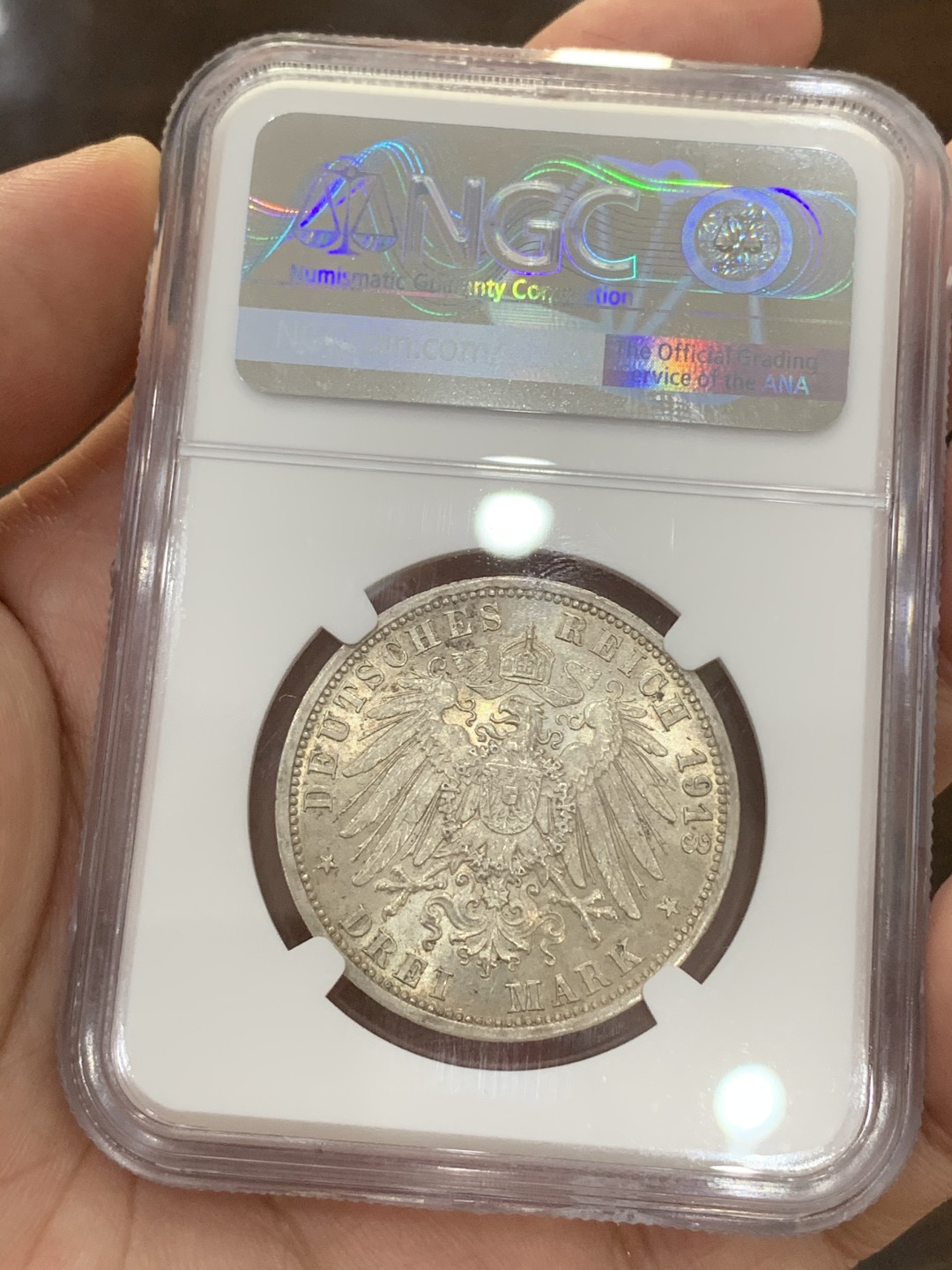 《竞宝斋》第73场-本周日，周一2场连拍（全场不限金额包邮） NGC Ms64 德国 1913年 吕贝克3马克 银币状态好 细节佳
