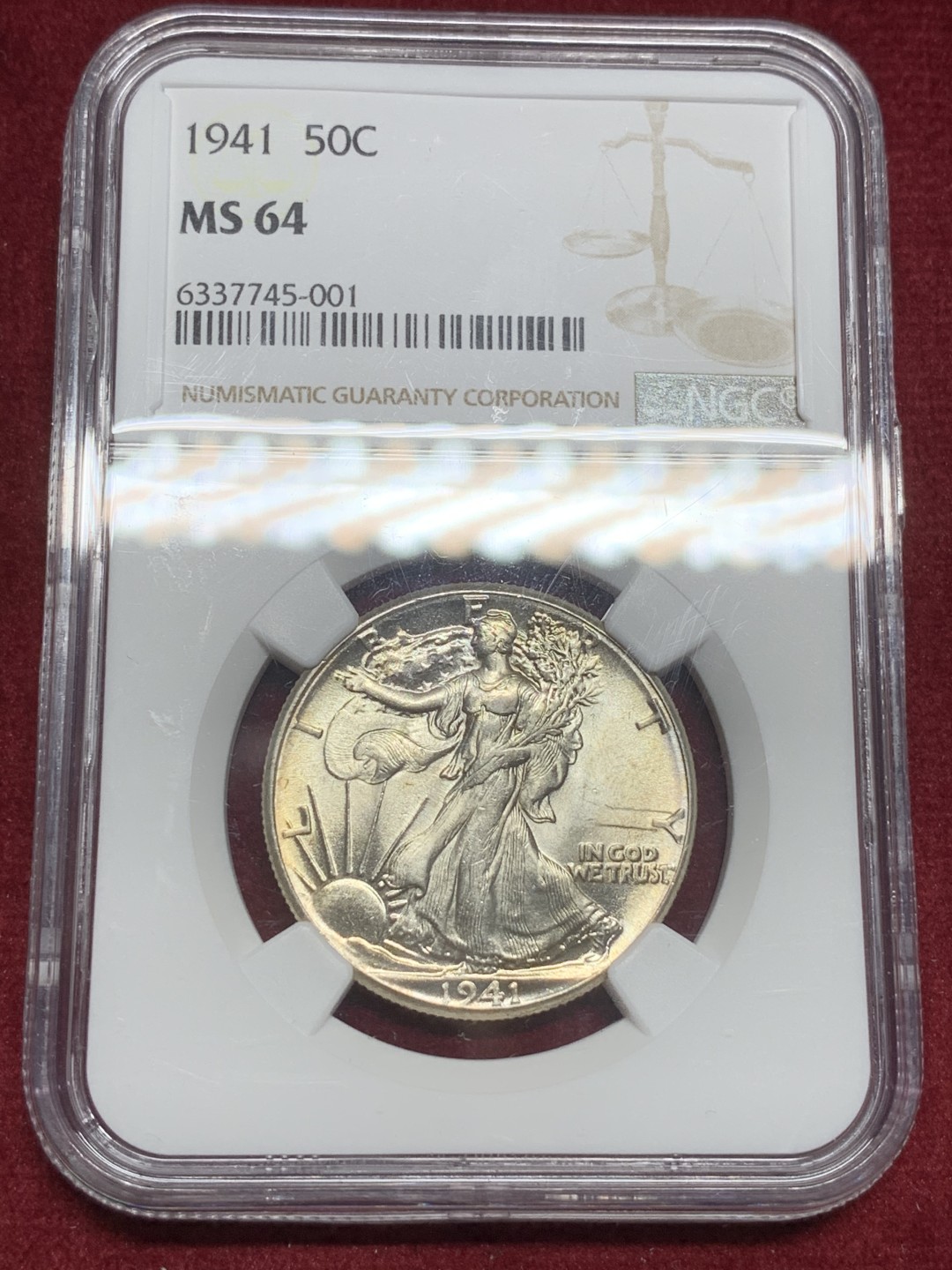 《竞宝斋》第73场-本周日，周一2场连拍（全场不限金额包邮） NGC MS64 1941年 美国行走女神半美元50美分银币 原卷出品 少见好品 BU转光